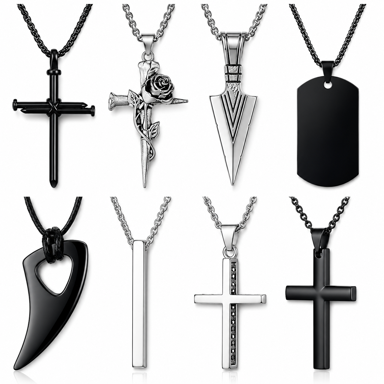 MAIBOTA - Juego de 8 Collares para hombre - Negro y Plateado