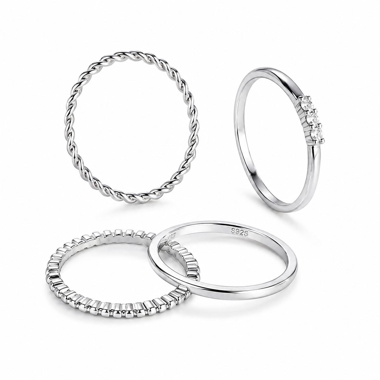 APSVO - Set de 4  Anillos Chapados en Plata Esterlina S925 - Apilables - Talla 6