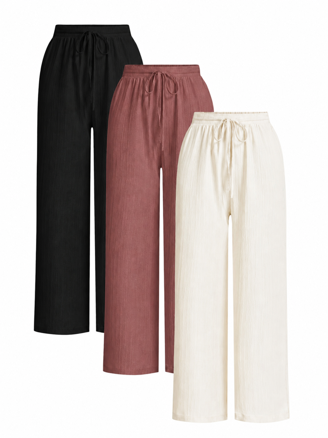 Pantalón Palazzo Texturizado con Cordón - Negro/Rosa/Crema pack 3