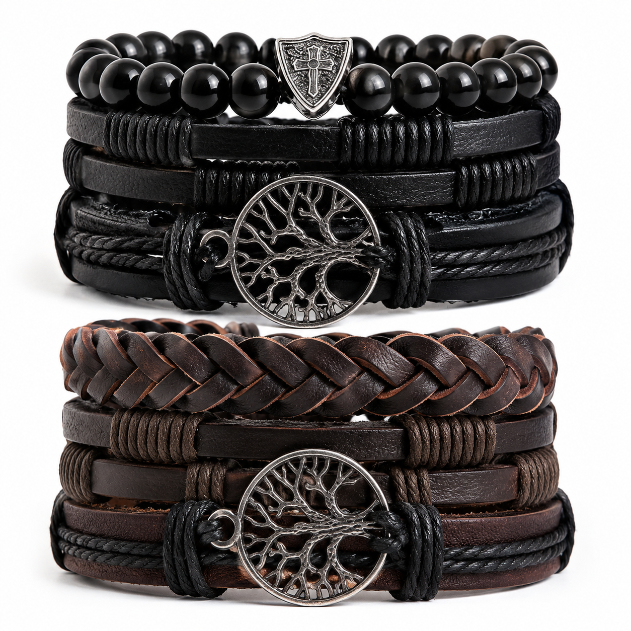 HZMAN - Set de 2 Pulseras de Cuero Genuino - Árbol de la Vida