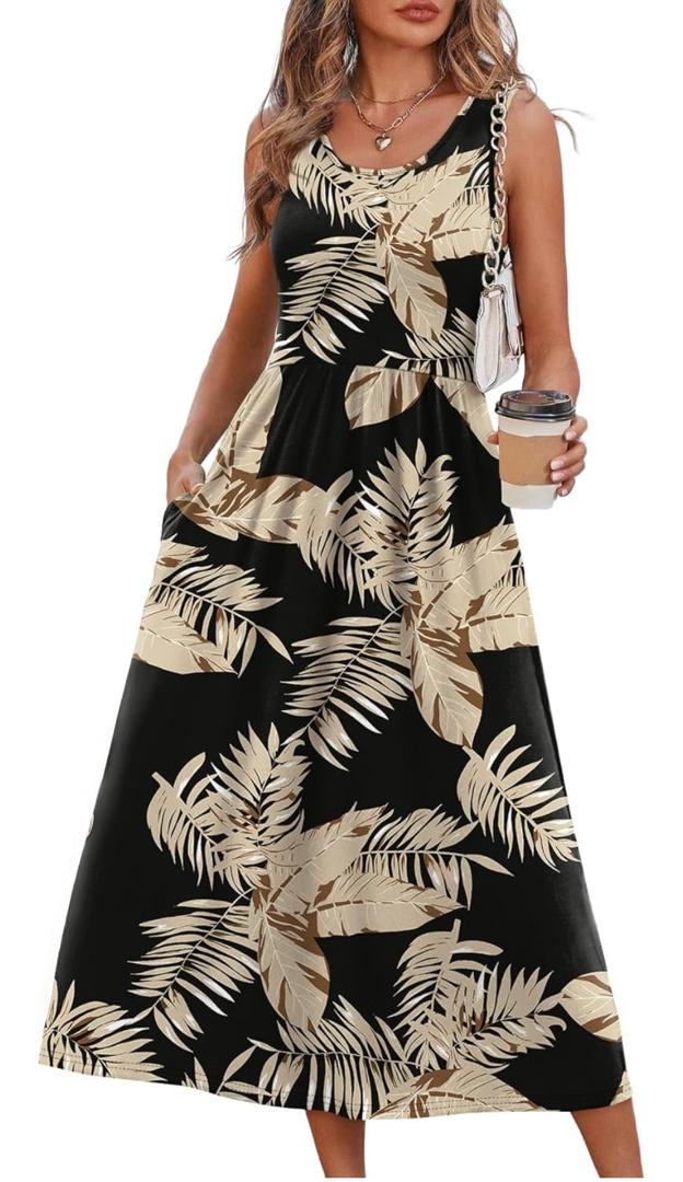 Vestido maxi sin mangas - Estampado tropical negro/beige
