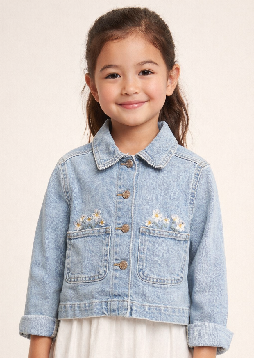 Chaqueta Infantil de Jean Bordada con Flores  tallas 4,6,8