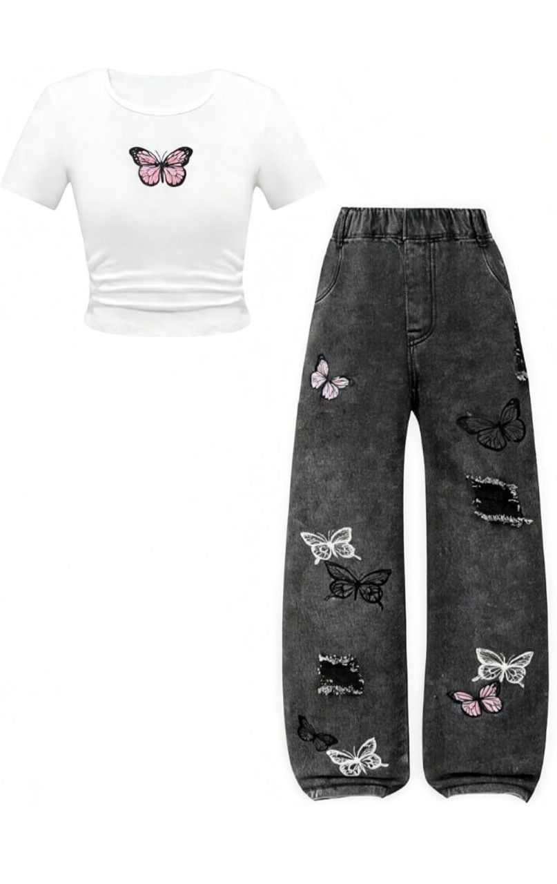 Conjunto crop top y jeans con mariposas - Blanco/gris