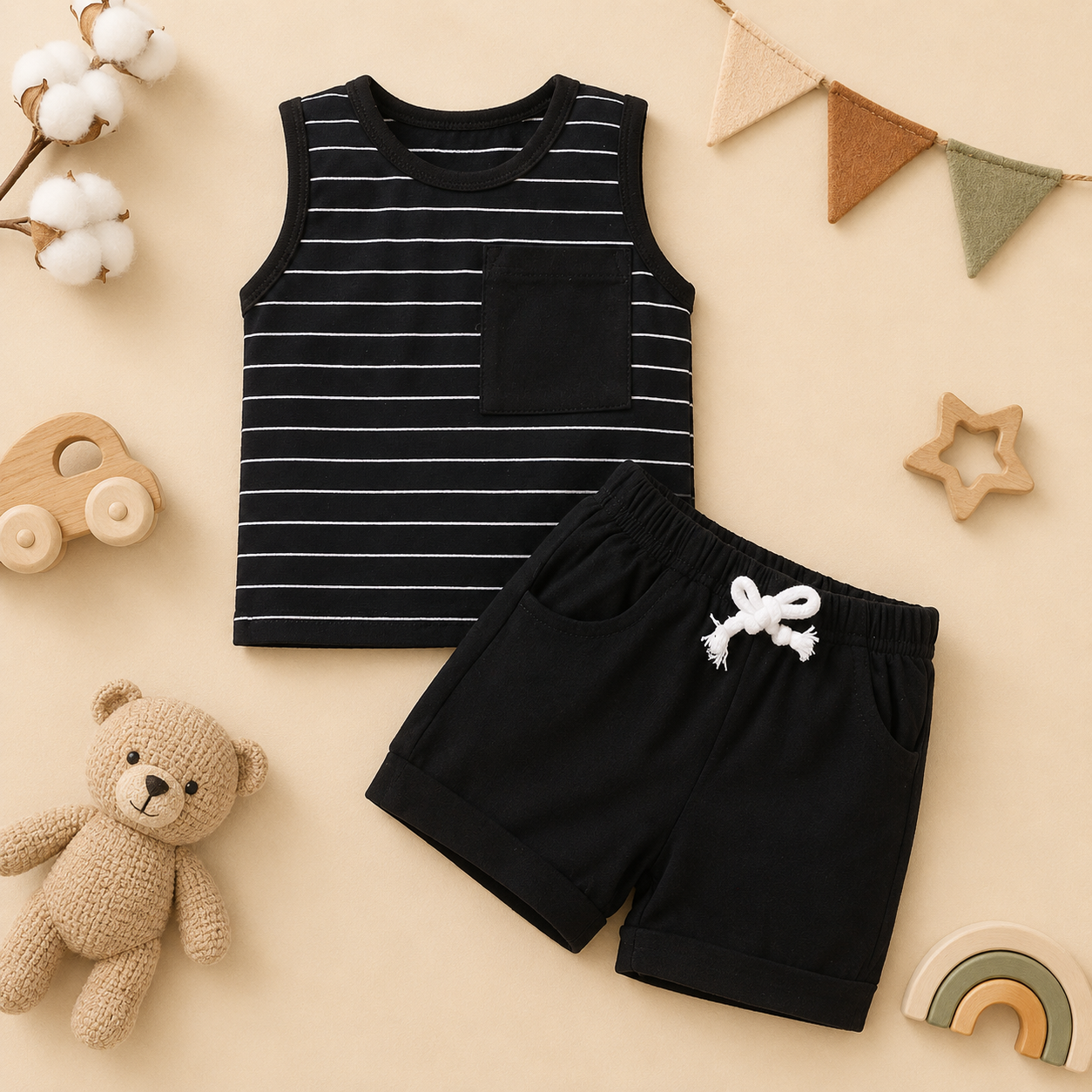 Conjunto Infantil Camiseta sin Mangas y Shorts - Negro a Rayas