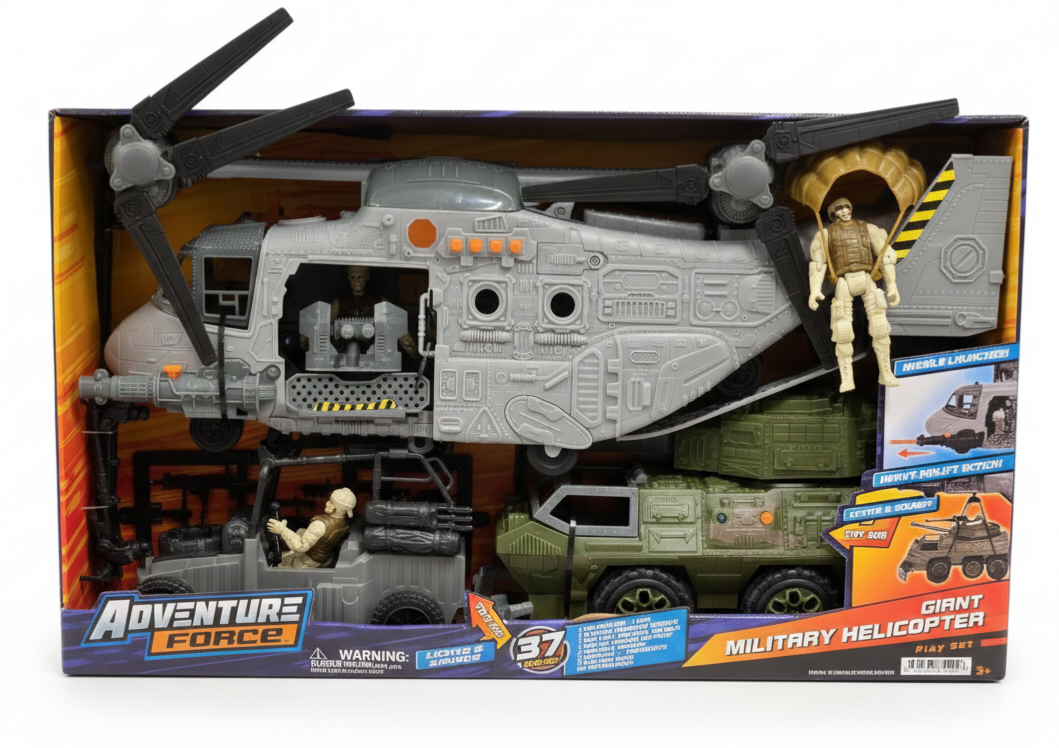 Helicóptero Militar Gigante Adventure Force con Vehículos y Soldados – Playset Acción con Luces y Sonidos | Juguete Infantil
