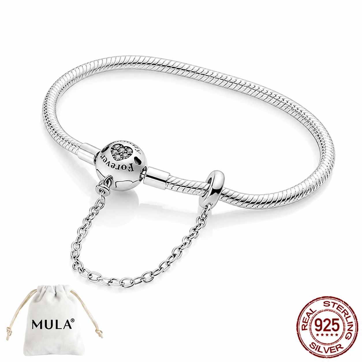 MULA - Pulsera de Cadena de Serpiente - Plata Esterlina 925 - Dije esfera Forever/Corazon