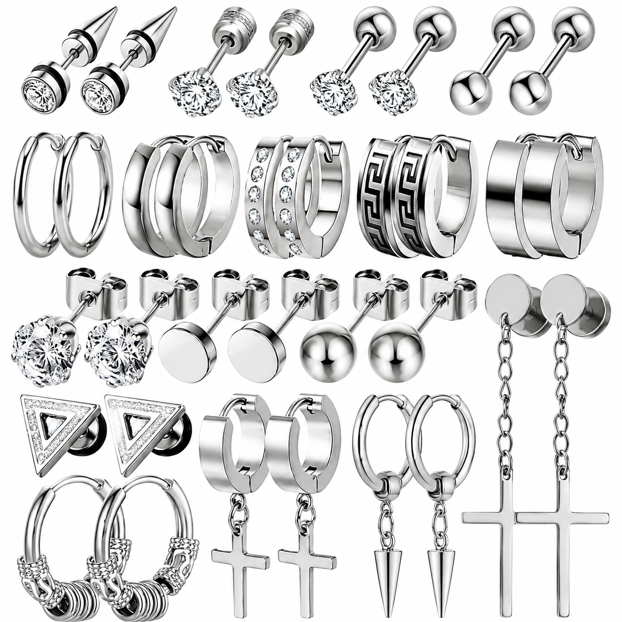 Set de 17 pares Aretes en acero inoxidable plateados