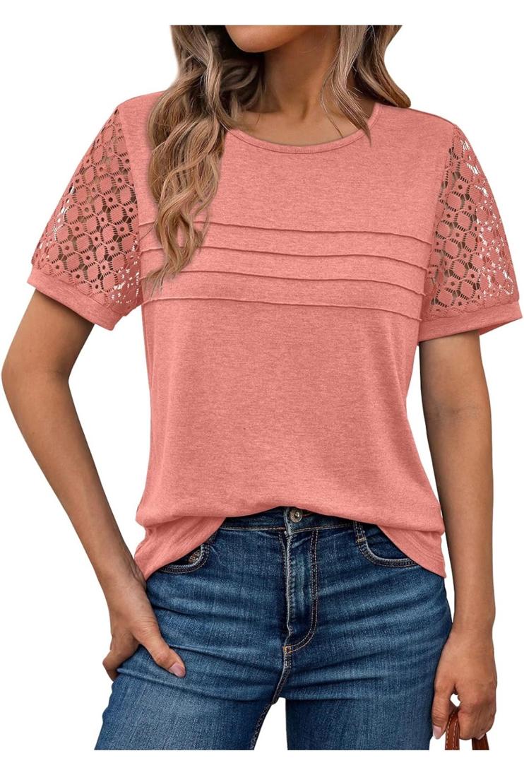 Blusa Casual de Mujer - Rosa con Mangas de Encaje