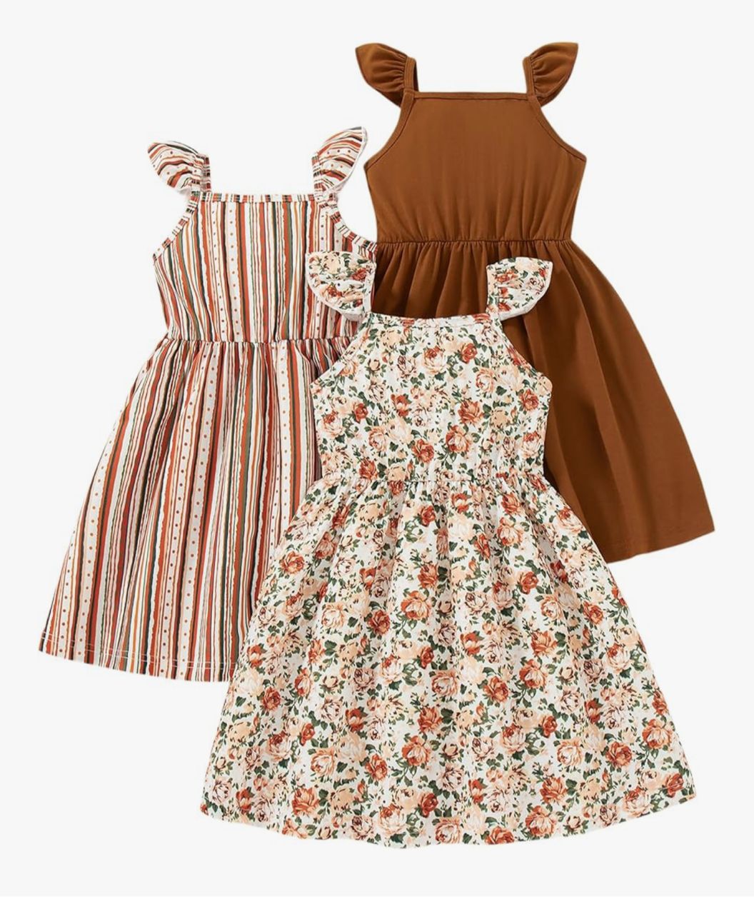 Set de 3 vestidos infantiles - Floral, rayas y marrón
