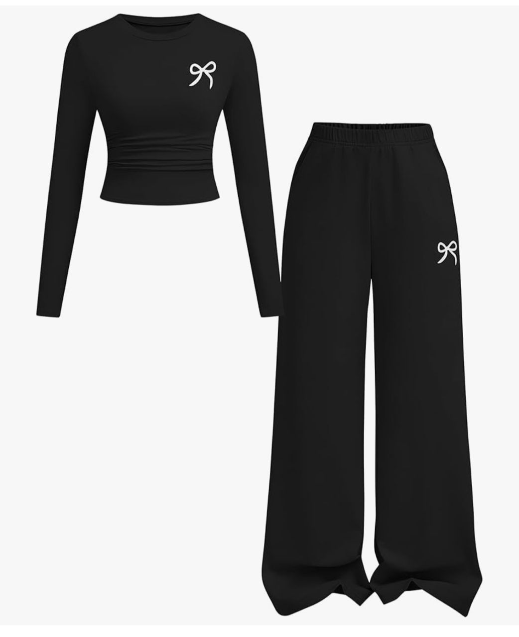 Conjunto de Top Manga Larga y Pantalón Wide Leg - Negro con Lazo Blanco
