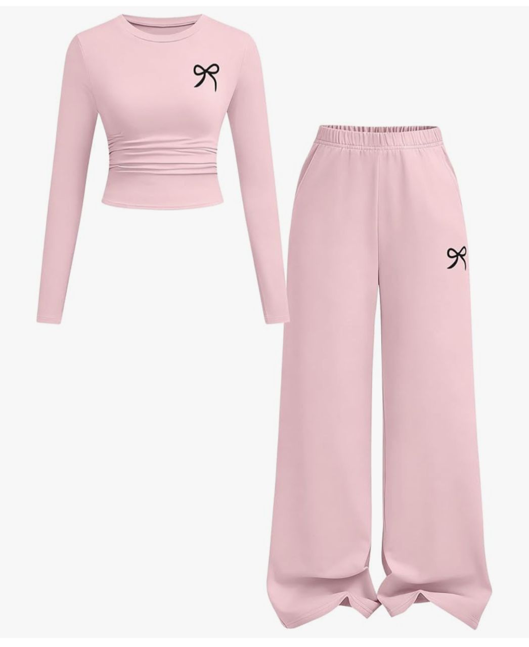 Conjunto Crop Top Manga Larga y Pantalón Wide Leg - Rosa Pastel con Moño Negro