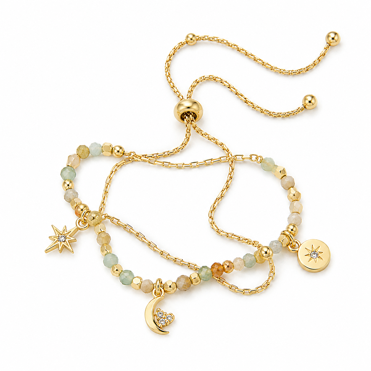 Believe by Brilliance - Pulsera  con Bolo Ajustable - Dije de Cuentas de Amazonita Baño Oro de 14 K