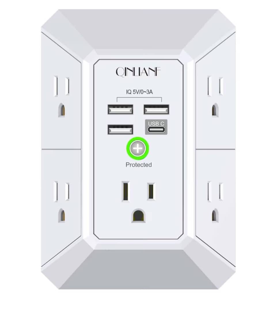 QINLIAN - Extensor de Tomacorriente con Protector de Sobretensión - 5 Tomas AC + 4 USB Blanco
