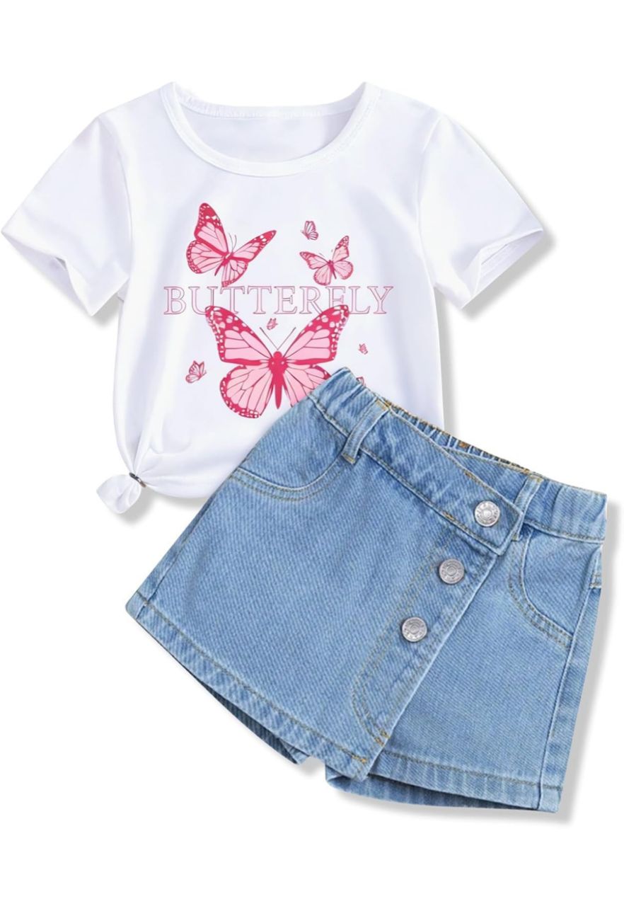 Conjunto infantil camiseta mariposas y short falda denim - Rosa/Azul