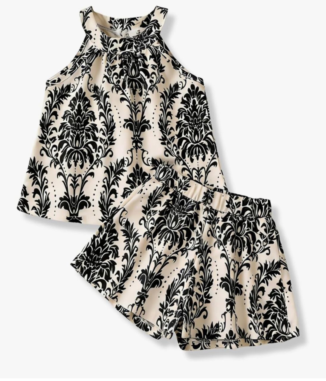 Conjunto Top Halter y Shorts - Estampado Barroco Beige/Negro