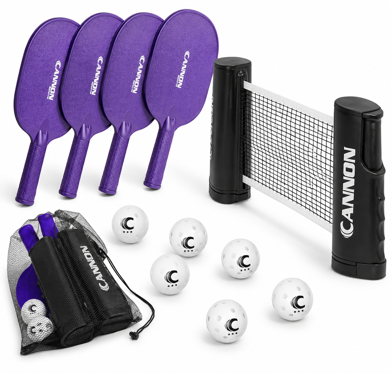 Cannon Sports - Juego de tenis de mesa – 4 paletas, 6 pelotas, red retráctil y bolsa de transporte