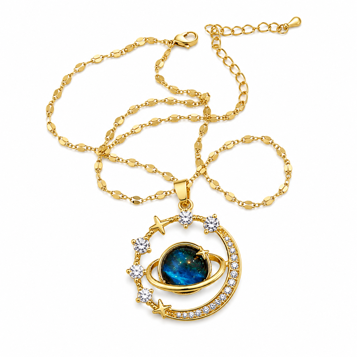 Sumao - Collar Colgante Celestial de Luna y Estrella de Cristal - Acero Inoxidable Chapado en Oro de 14K