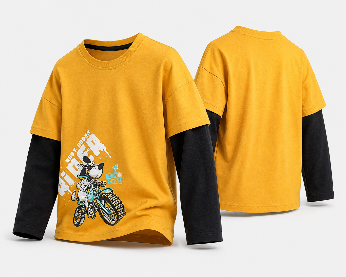 Camiseta infantil manga larga efecto doble - Amarillo mostaza/Negro