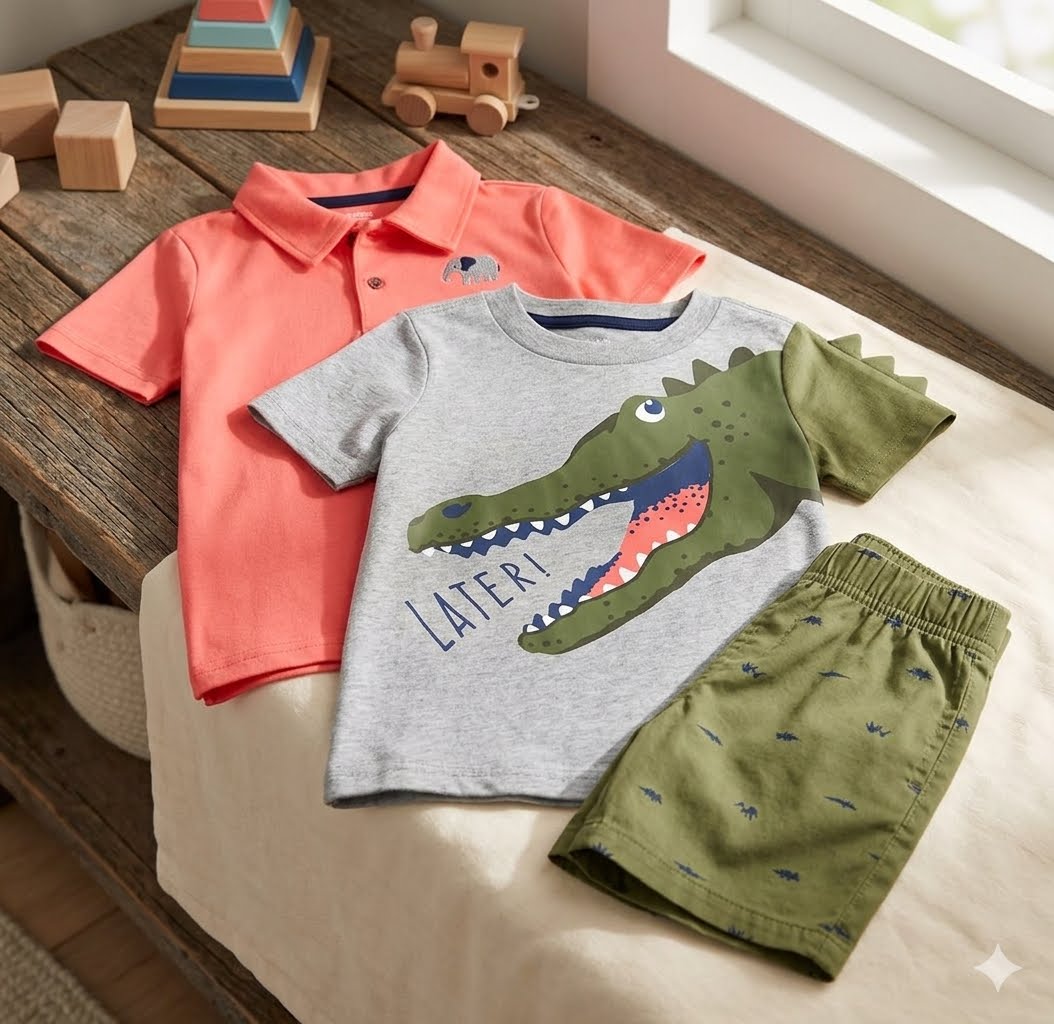 Carter's - Set infantil 3 piezas - Polo, camiseta y short - Naranja/Gris/Verde