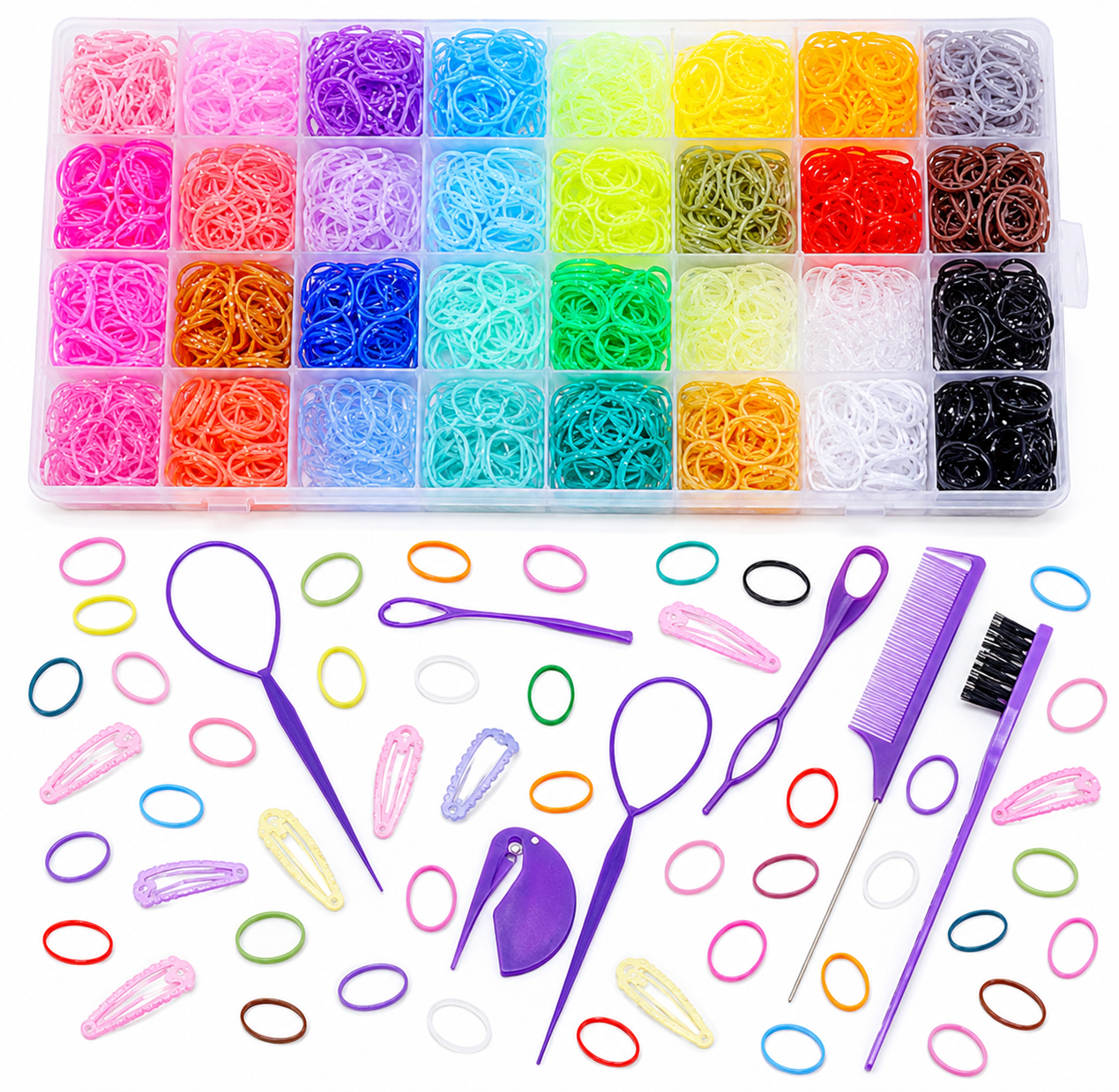 HCliptie - Mini gomas para el pelo en 32 colores – Set 16 herramientas de peinado, 2000 gomas elásticas y cortador