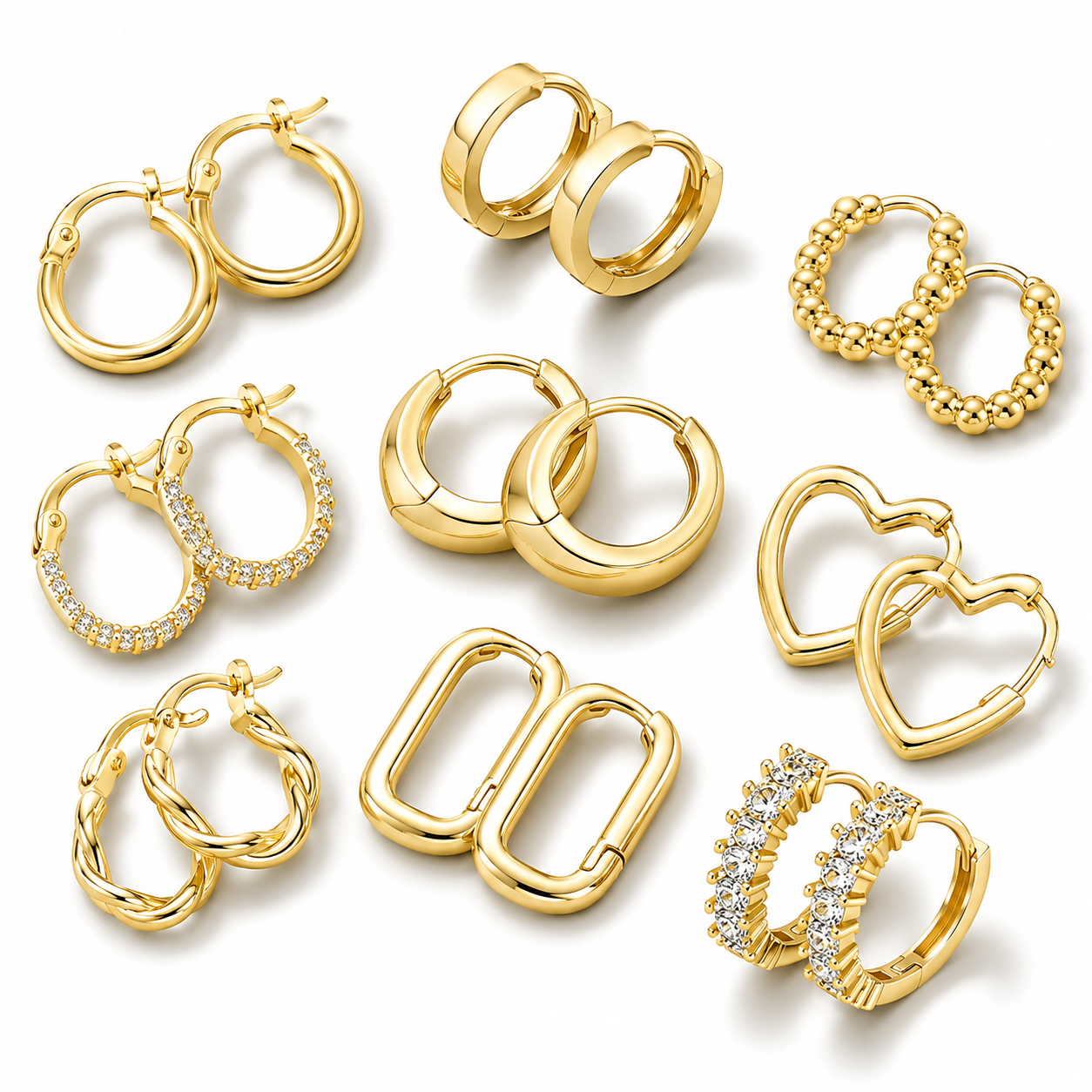 Alexcraft - Juego de Aretes Pequeños Chapados en Oro de 14K - Pack de 9 pares - Dorados