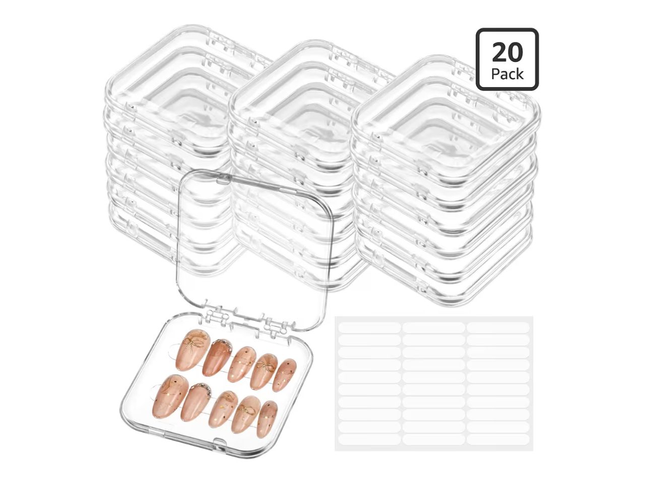 Cajas organizadoras para uñas postizas - Transparente 20 ujidades y 90cintas adhesivas