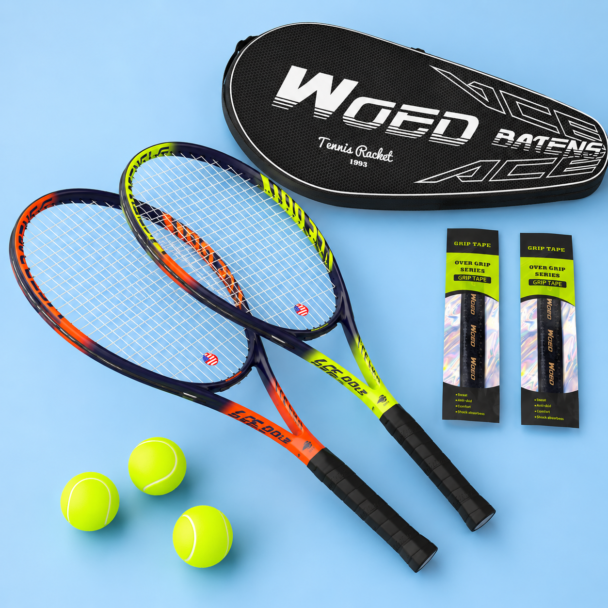 WOED - Raqueta de tenis profesional - Pack x 2 con 3 pelotas y 2 amortiguadores de vibración,