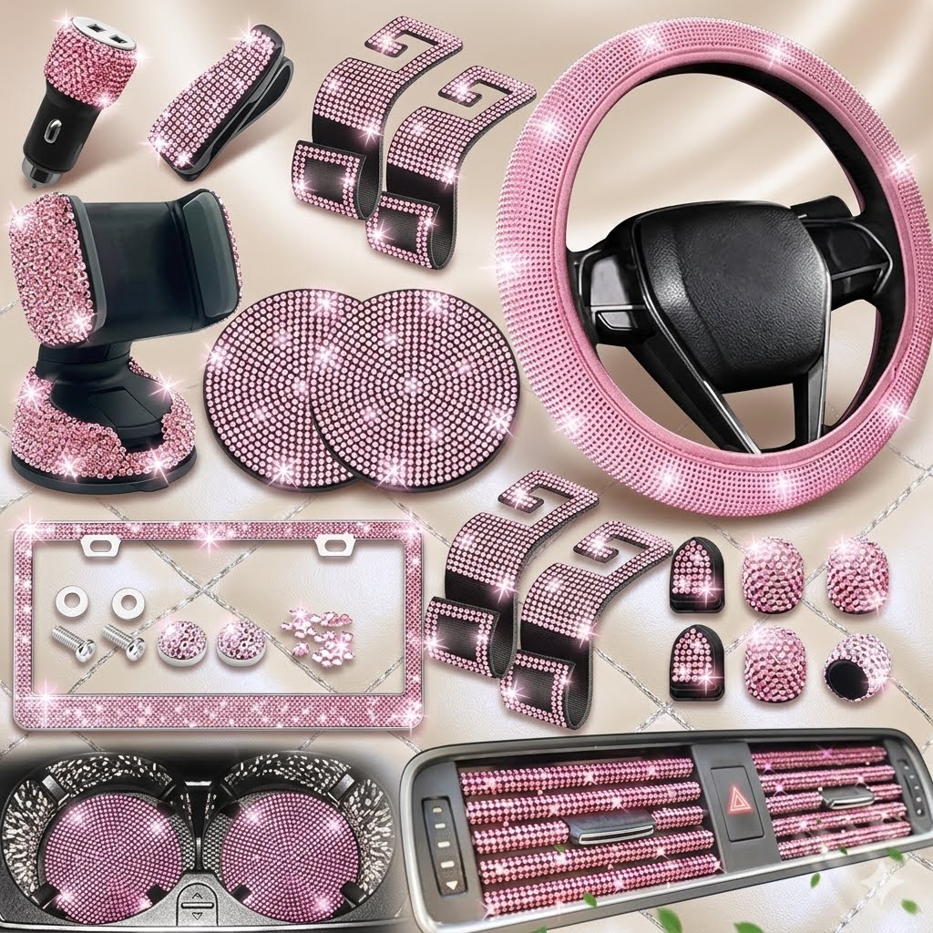 NBTEPEM - Kit de Accesorios  con Cristales para Auto de Mujer - 27 Pzas. Rosa