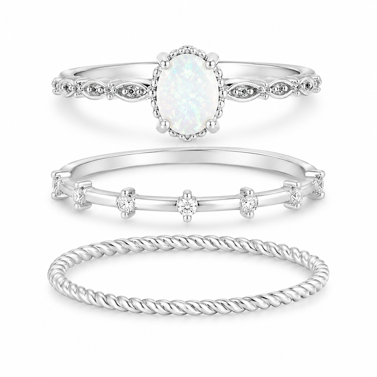 Bilieve by Brilliance - Set de 3 Anillo en Placa de Plata Fina - Piedra de Ópalo - Talla 9.
