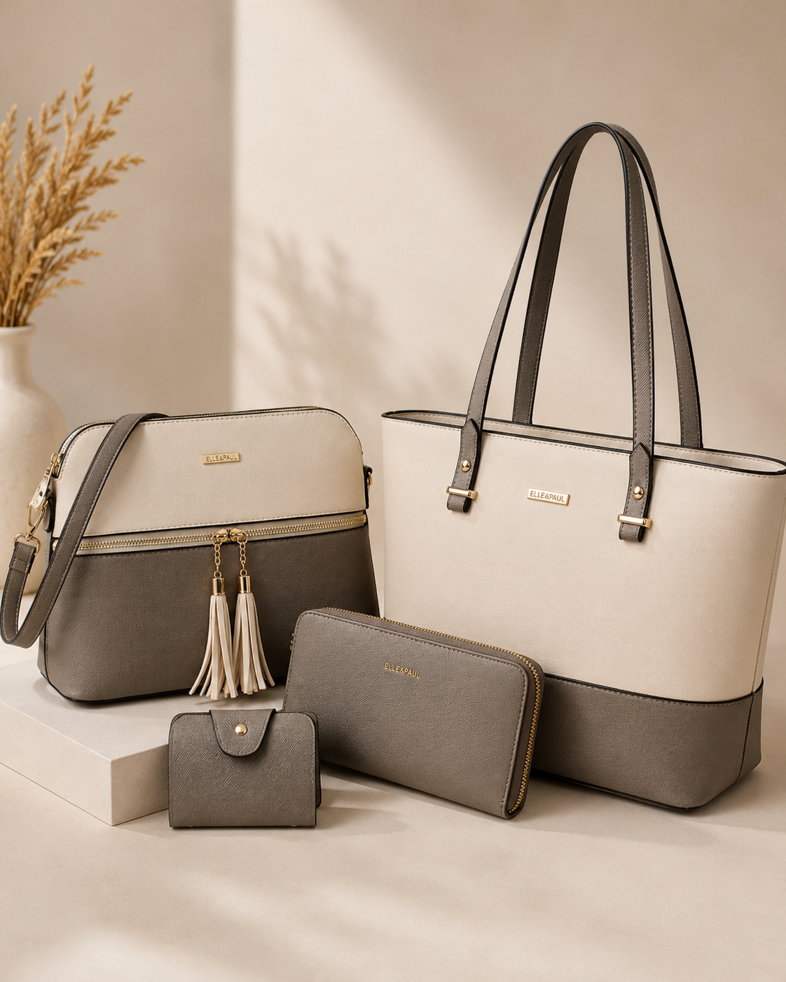 ELLE&PAUL - Set de Bolsos y Carteras - Beige y Gris