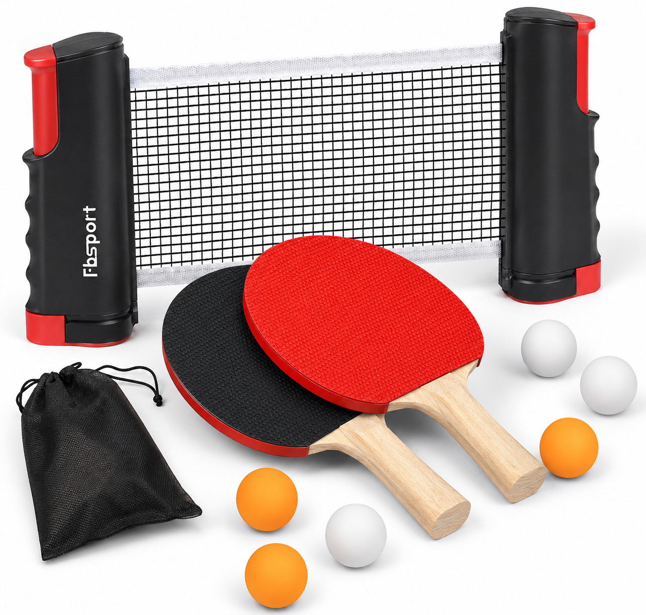 FBSPORT Juego de ping-pong - Red retráctil, 2 raquetas, 6 pelotas y bolsa de transporte.
