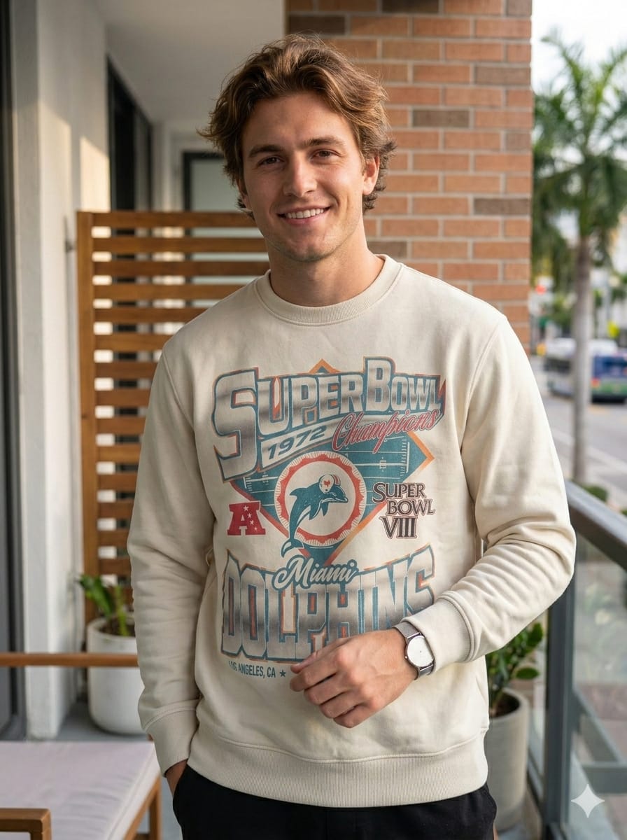 Sudadera Deportiva Dolphins Retro Beige – Estilo Vintage Premium -Talla M