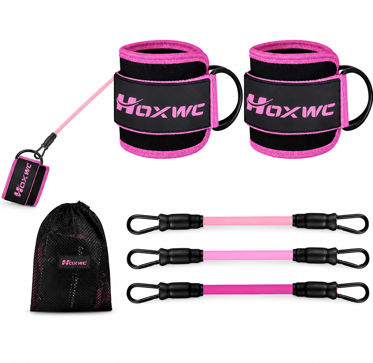 HOXWC - Juego de 3 Bandas de Resistencia con Tobilleras Ajustables para Glúteos, Caderas  y Piernas - Negro/Rosa