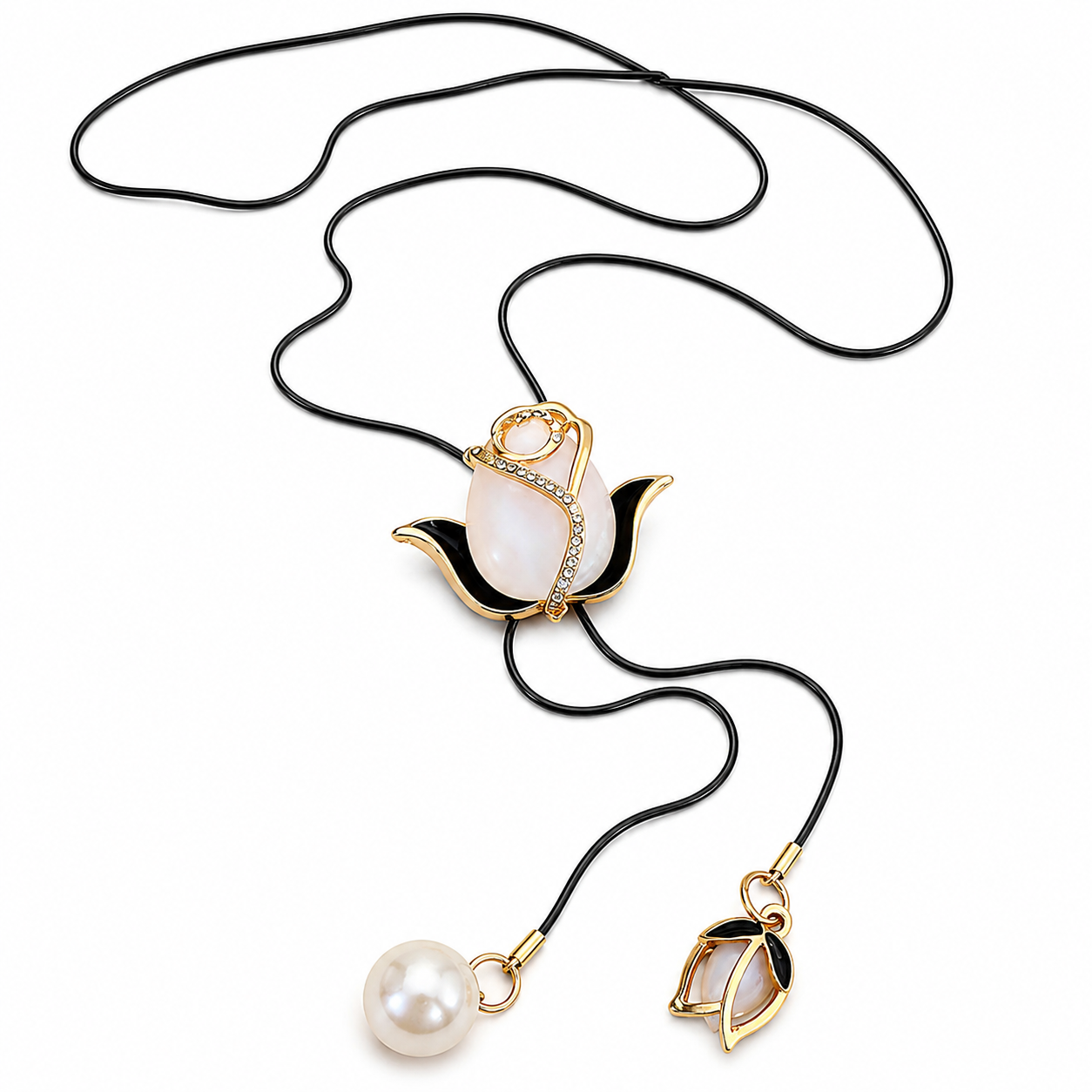 EON -  Cadena Larga de Suéter con Flor de Tulipán - Color Champán y Borlas