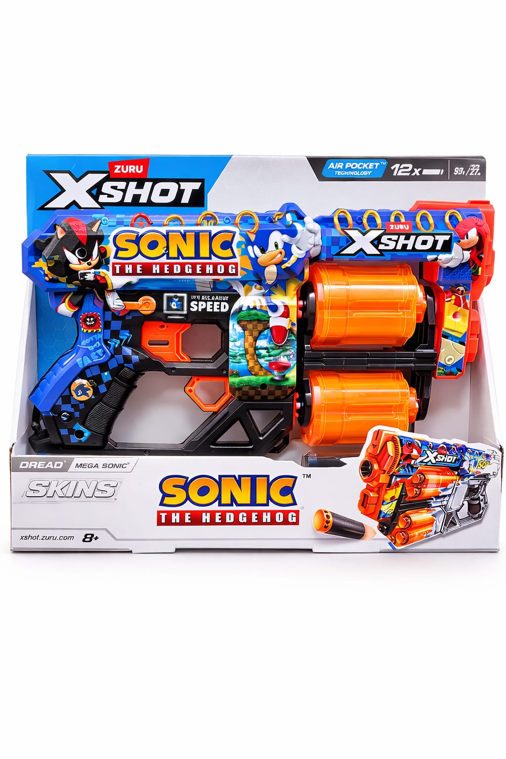 Pistola Lanzadora ZURU X-Shot Sonic The Hedgehog Skins – Disparador de Dardos Espuma con Tambor Giratorio | Juguete Acción Infantil