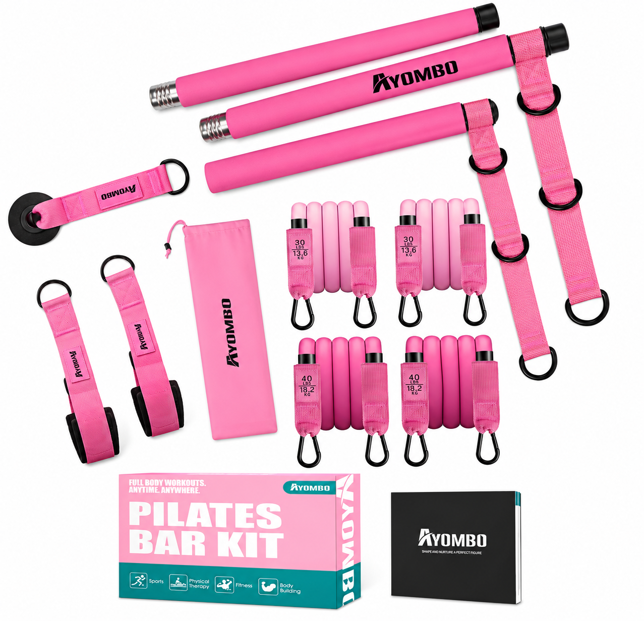 Ayombo - Kit de barra de pilates  con bandas de resistencia - Rosa