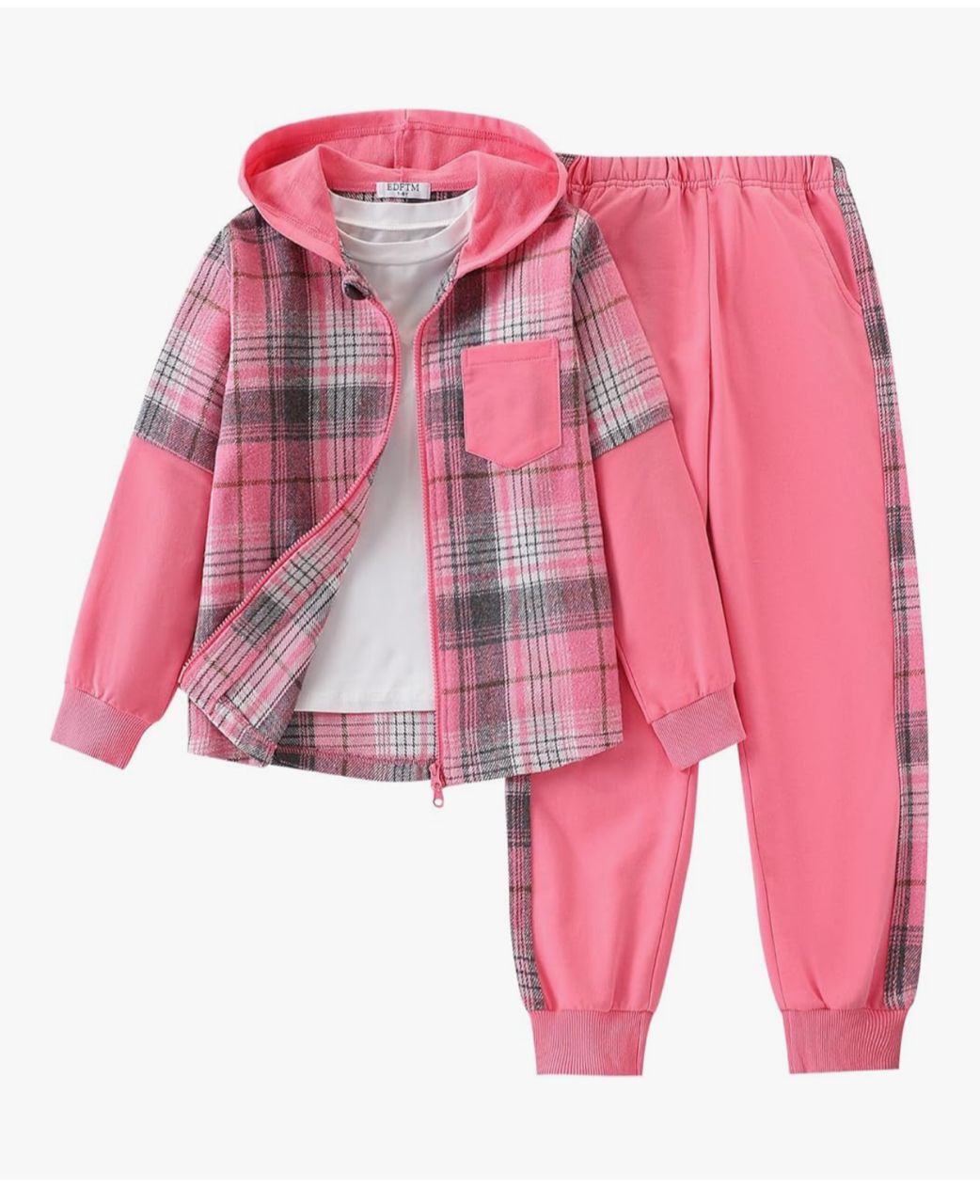 EDFTM - Conjunto Infantil 3 Piezas con Capucha - Rosa a Cuadros