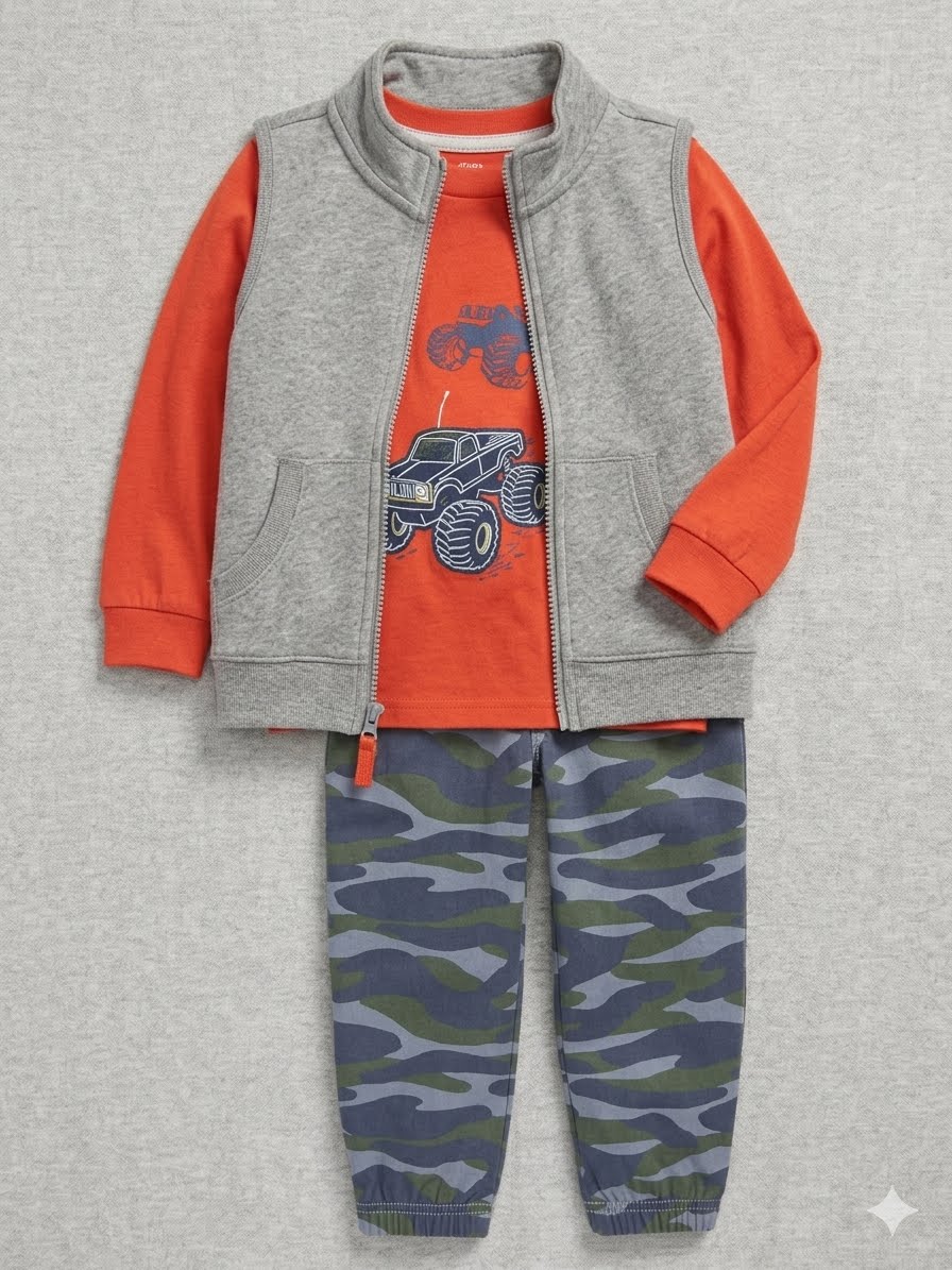 Carter's - Conjunto infantil 3 piezas para niños - Gris/ Camuflaje/Naranja