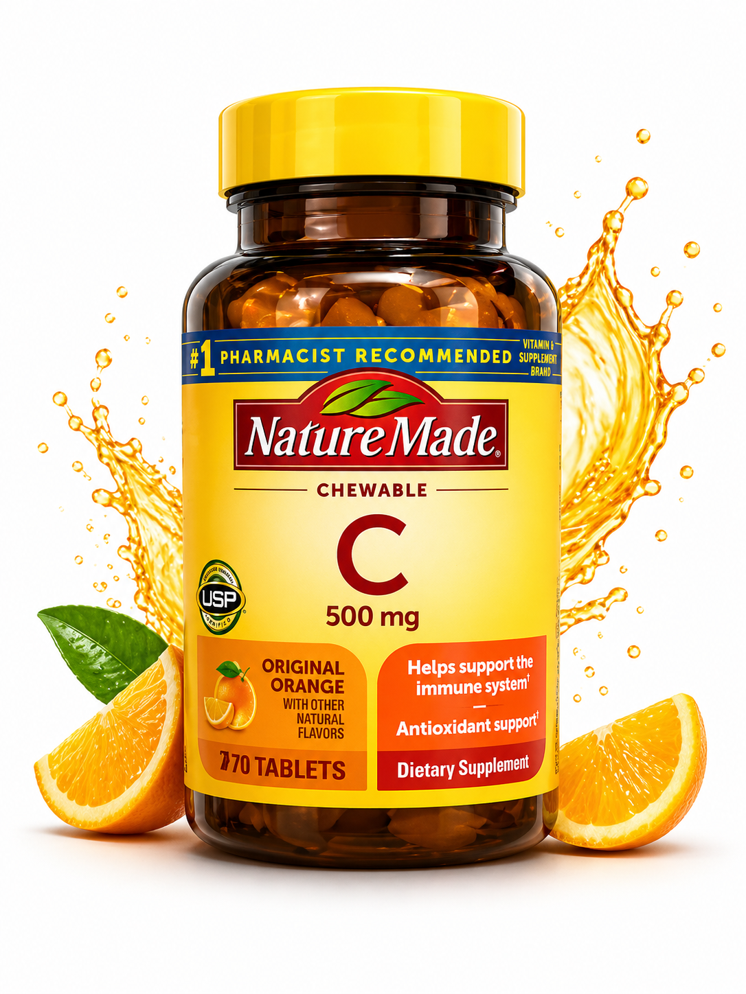 Nature Made - Vitamina C Masticable 500 mg - Sabor Naranja Original 70 Tabletas