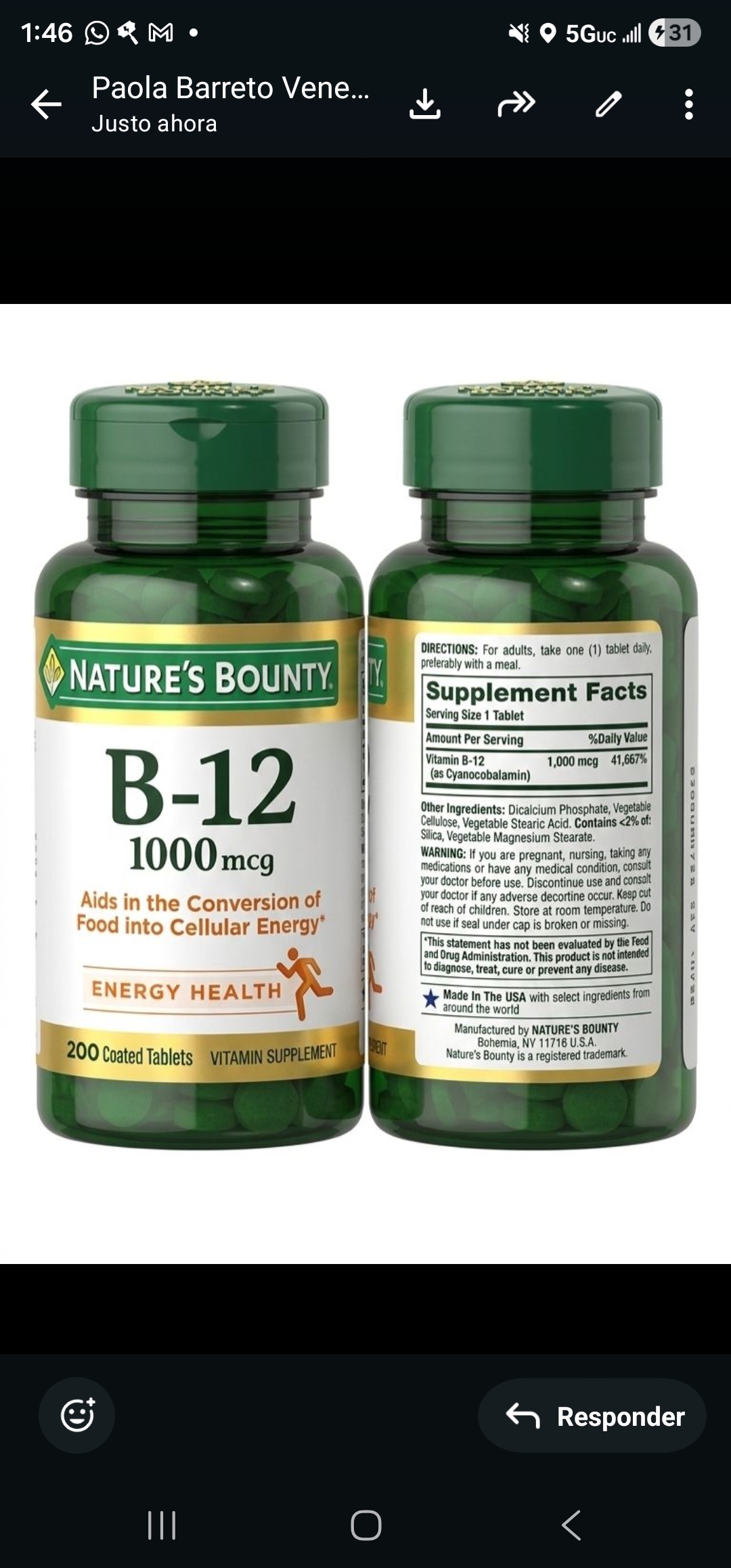 Nature’s Bounty Vitamina B-12 1000 mcg