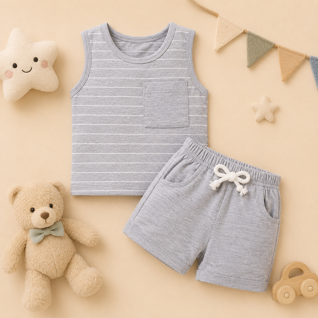 Conjunto infantil de camiseta sin mangas y shorts - Gris rayado