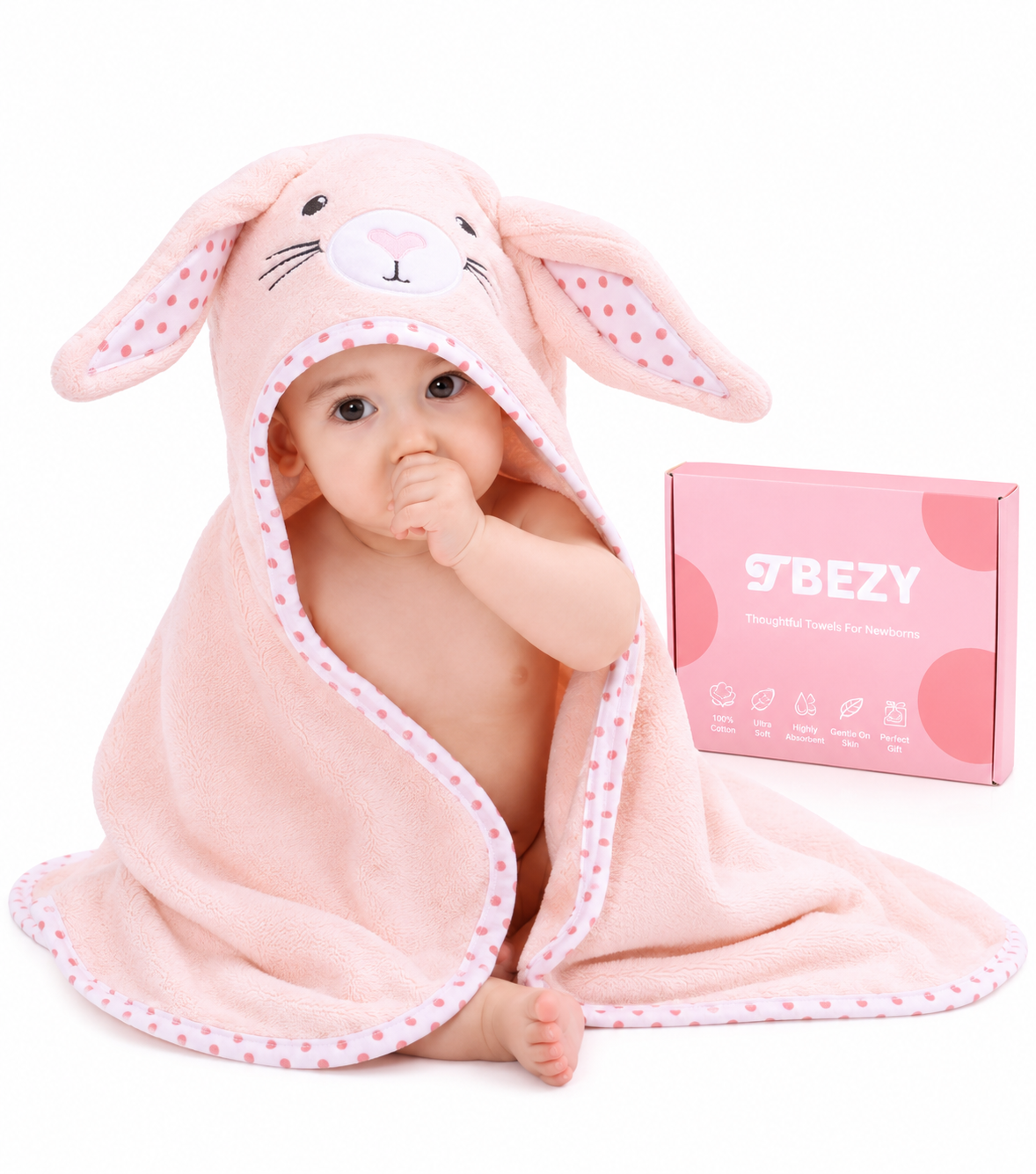 TBEZY - Toalla con Capucha para Bebé - Conejito Rosa