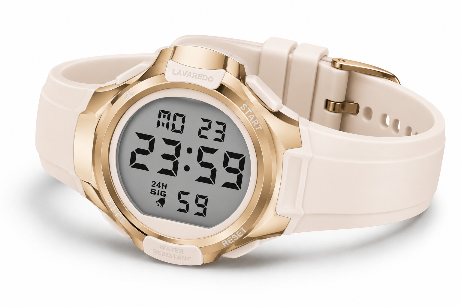 Lavaredo - Reloj de Pulsera Digital - Impermeable con Alarma, cronómetro y luz Trasera - Rosa suave/Dorado