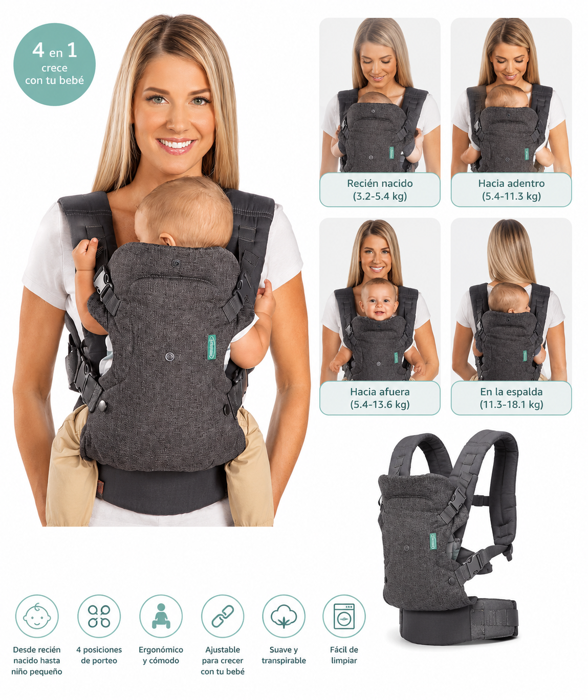 Infantino Flip - Portabebé 4 en 1 - Gris carbón