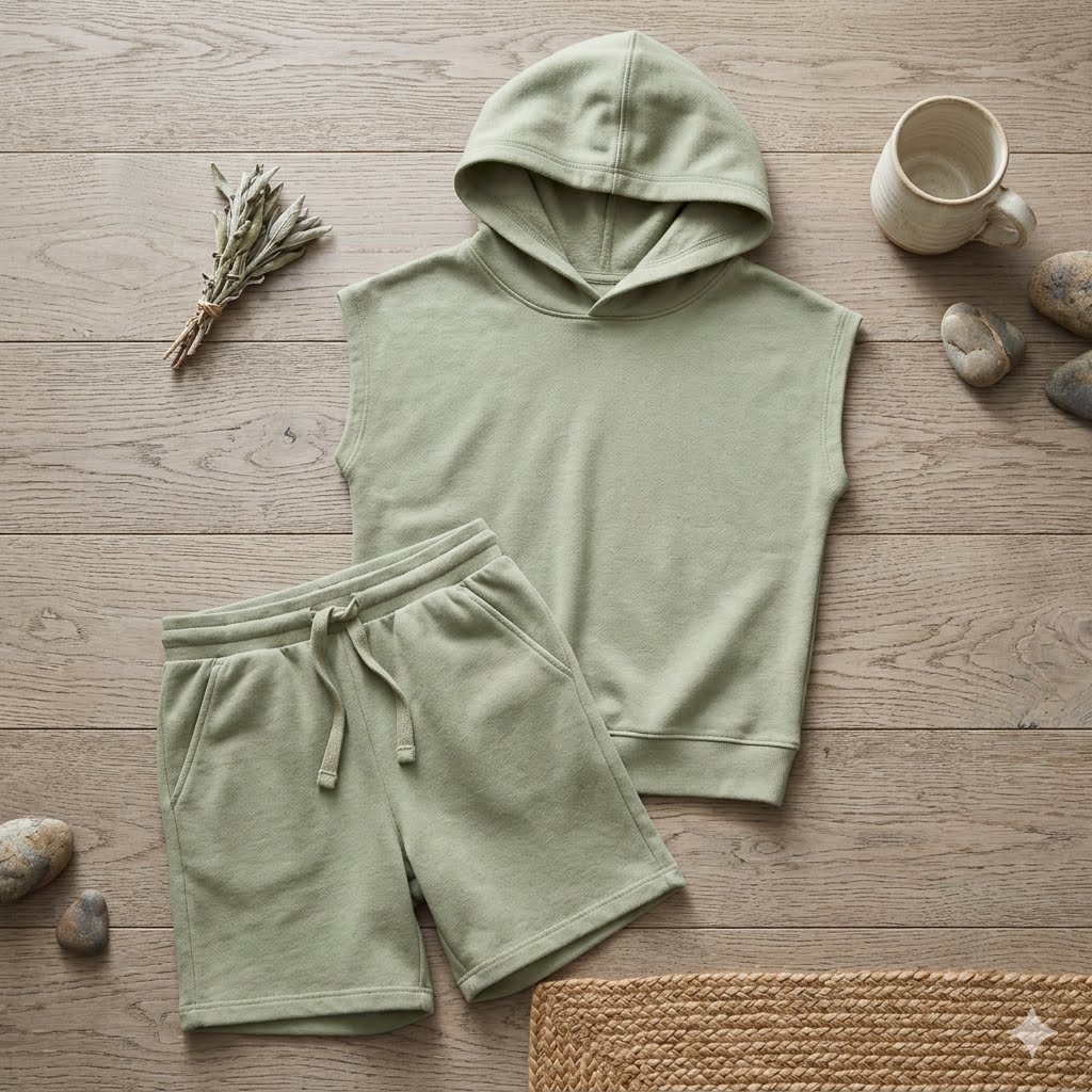 Conjunto de Sudadera sin Mangas con Capucha y Shorts - Verde Salvia
