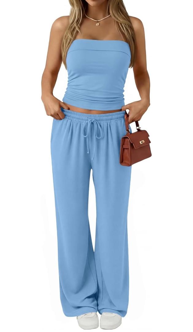 Conjunto Mujer Top Strapless y Pantalón Wide Leg - Azul Claro
