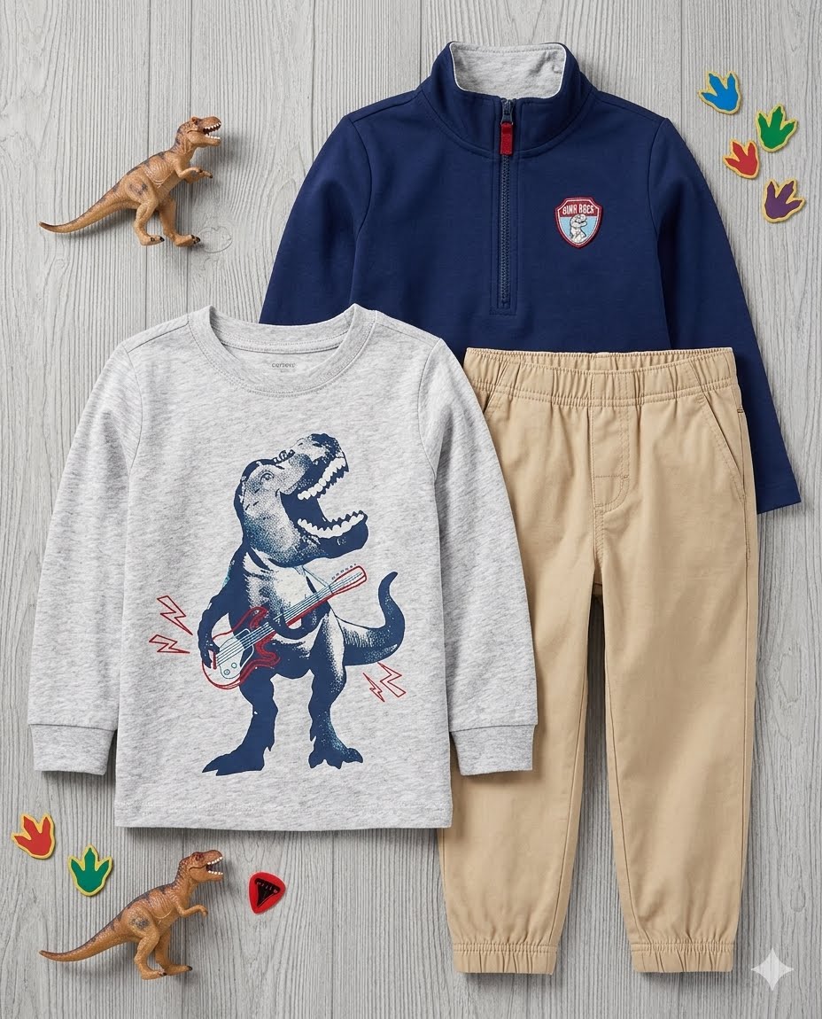 Carter's - Conjunto infantil 3 piezas dinosaurio - Azul marino/Gris/Beige