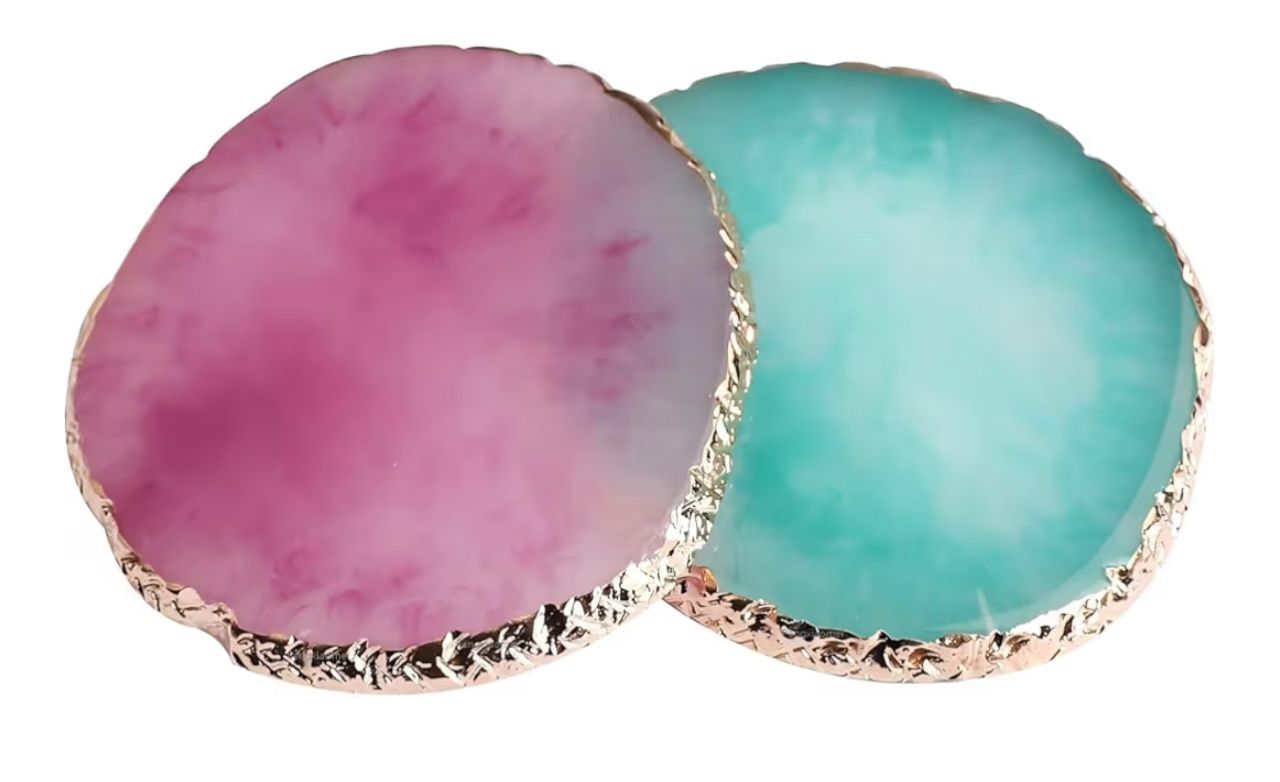 Posavasos Decorativos Tipo Ágata - Rosa y Turquesa con Borde Dorado