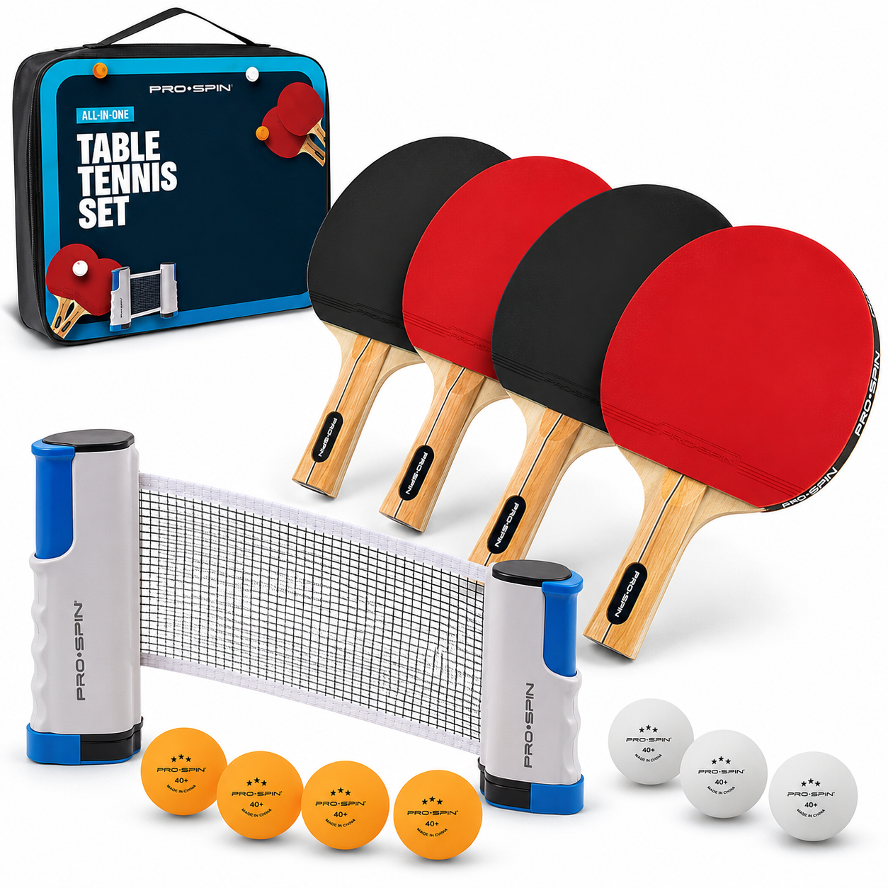 PRO-SPIN -  Juego de ping pong -  Con red retráctil, 4 paletas, 6 pelotas y estuche