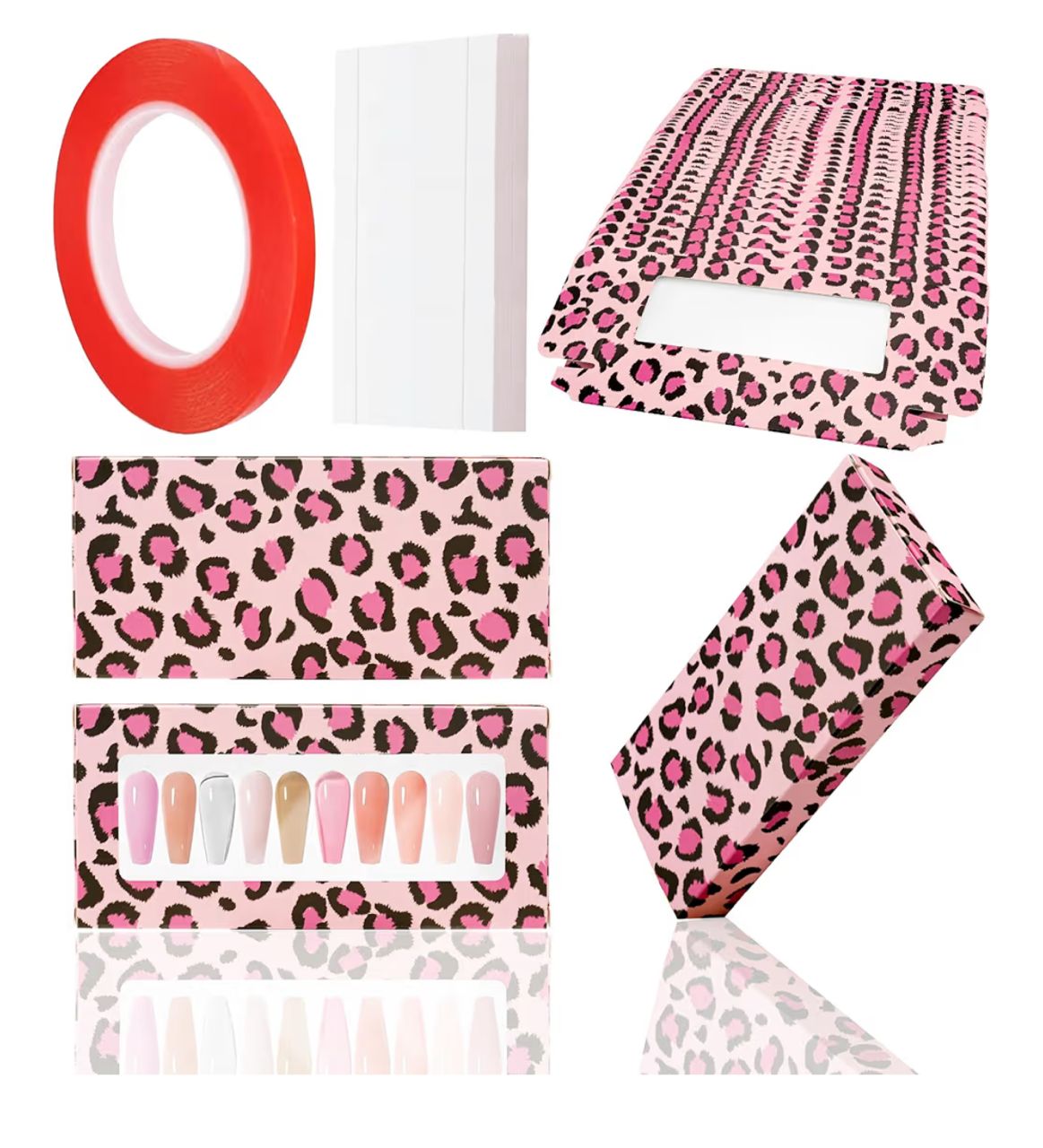 Caja para Uñas Postizas - Leopardo Rosa 71 piezas